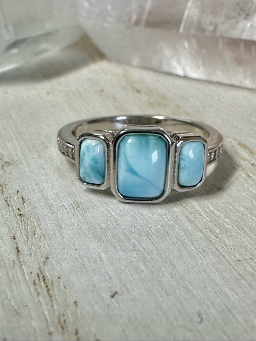 Larimar Three-Stone and CZ Sterling Silver Ring - Size 6